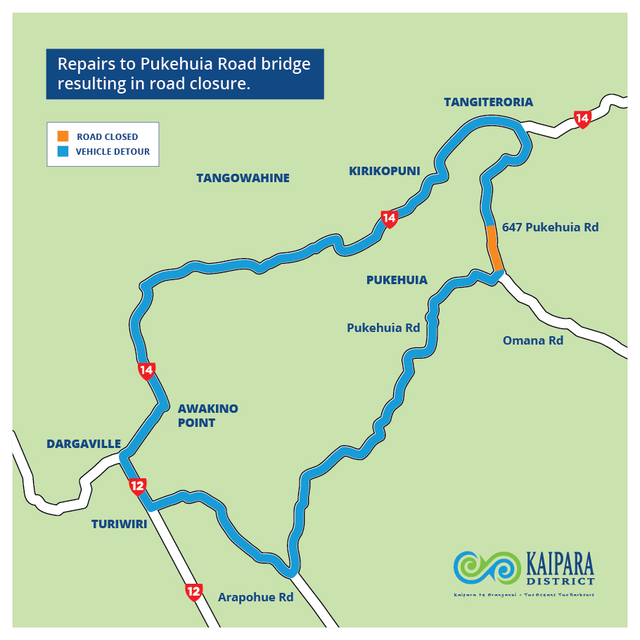 map showing detour route during Pukehuia Bridge closure